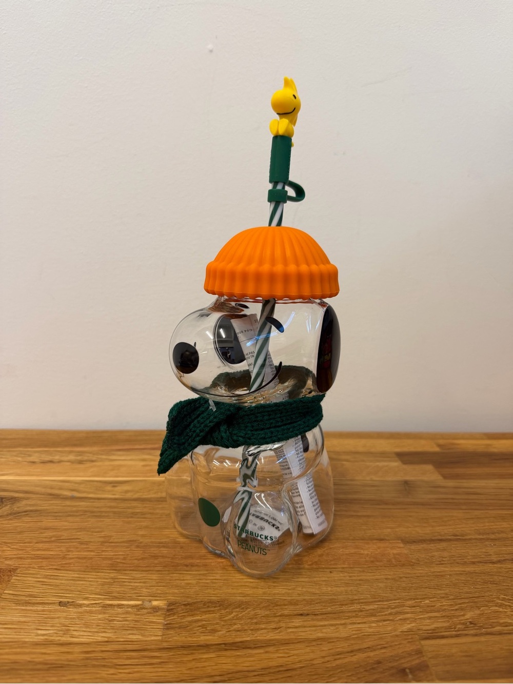 Starbucks x Peanuts Snoopy Glass Cup with Orange Hat Lid & Green Scarf